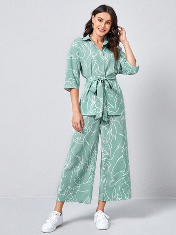 Collared Self Belted Allover Print Blouse & Wide Leg Pants Set