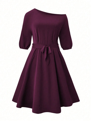 Plus Size Women's Solid Color Asymmetrical Collar Dress With Pockets