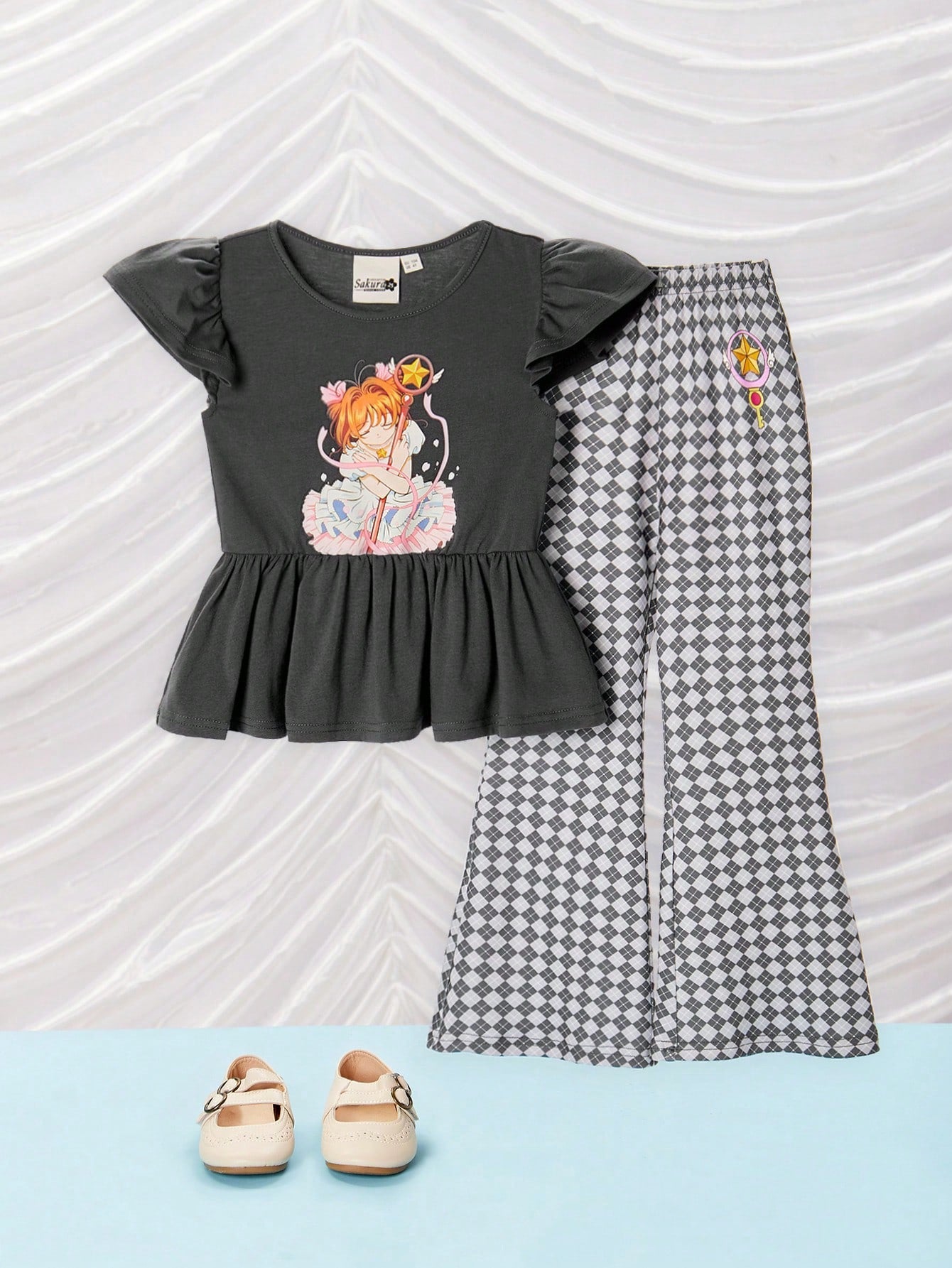 Young Girl Ruffled Sleeve Hem Top And Plaid Flare Leg Pants Set