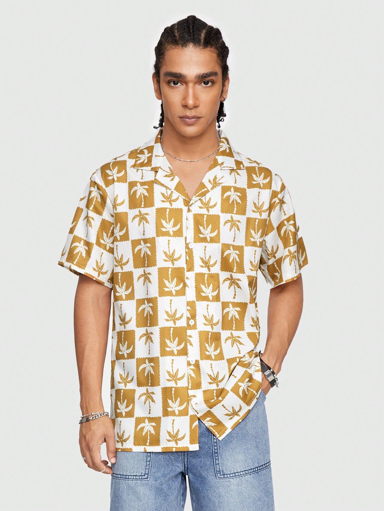 Men's Checkered Coconut Tree Printed Short Sleeve Beach Shirt