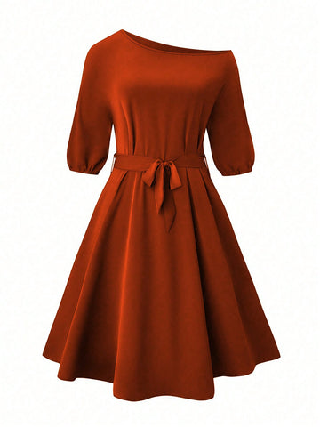 Plus Size Asymmetrical Collar Hidden Pocket Dress