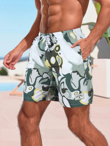 Men Beach Vacation Style Full-Print Drawstring Waist Beach Shorts