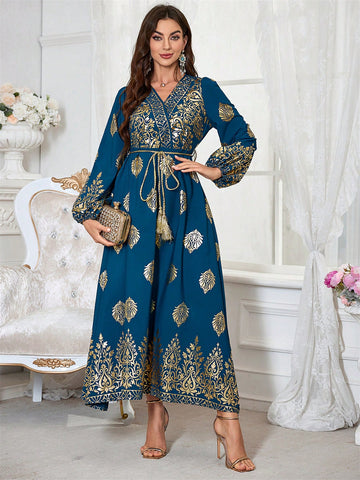 Women's Gold Printed Lantern Sleeve Dress