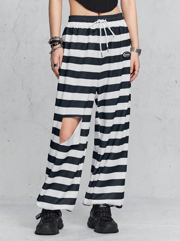 Women's Letter Patch Ripped Striped Joggers Pants