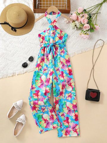 Tween Girl Fashionable Floral Pattern Halter Jumpsuit, Perfect For Summer Beach Vacation