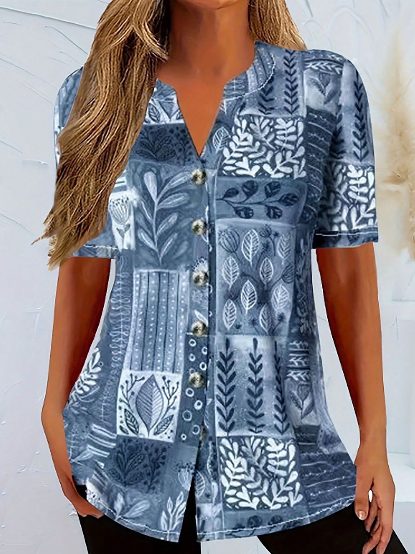 Women Summer Plant Print Notched V-Neck Casual Short Sleeve Shirt