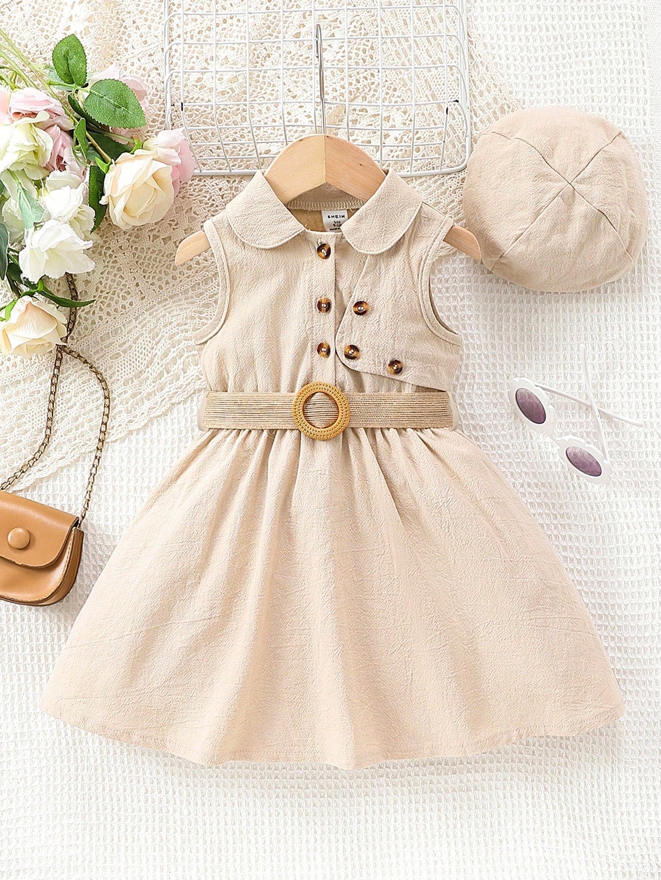 Baby Girl Holiday Design Sleeveless Dress With Stylish Hat, Fresh And Casual