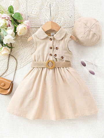 Baby Girl Holiday Design Sleeveless Dress With Stylish Hat, Fresh And Casual