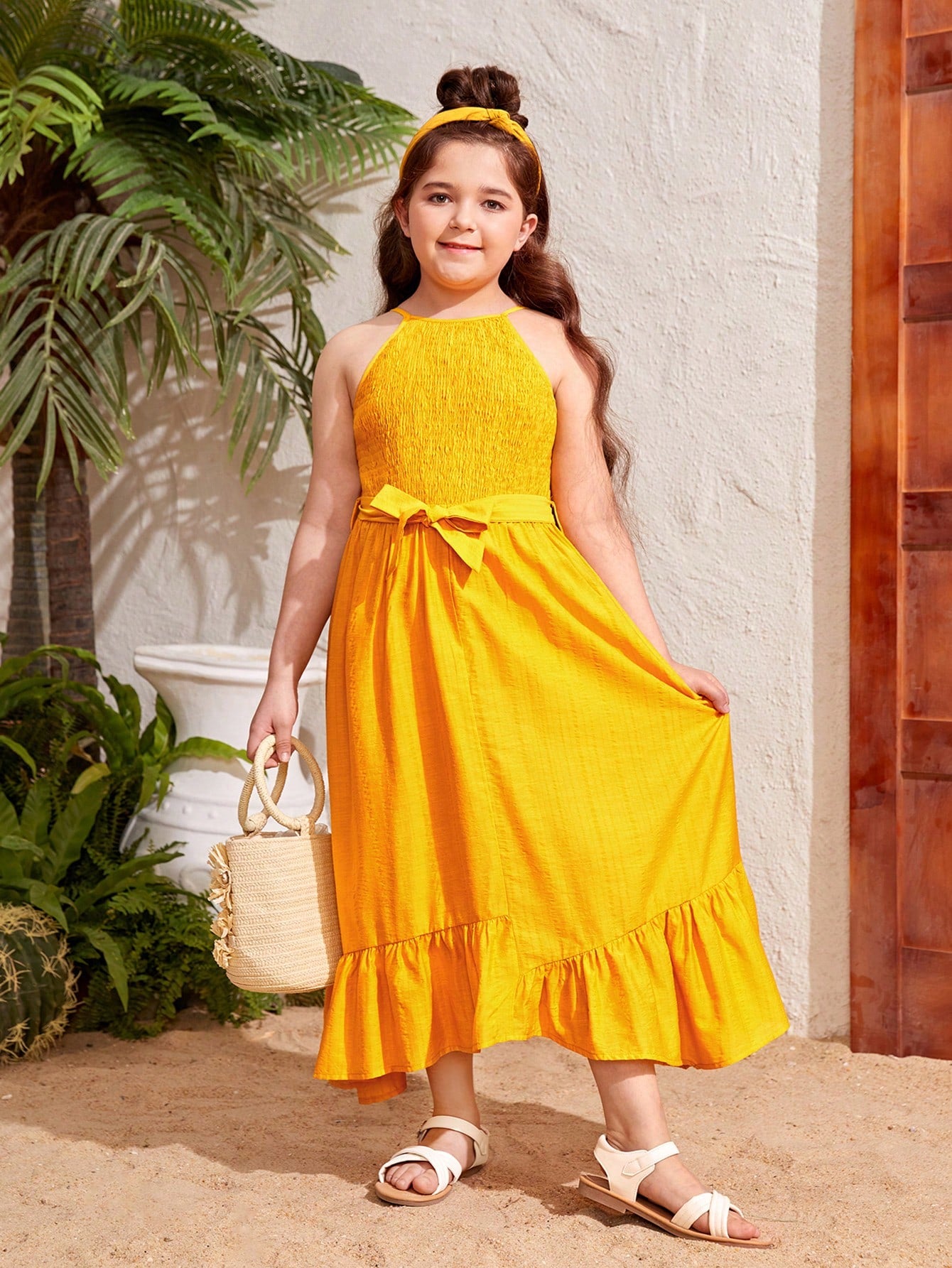 Tween Girl Extended Size Spring Summer Vacation Casual Woven Solid Color Spaghetti Strap Dress