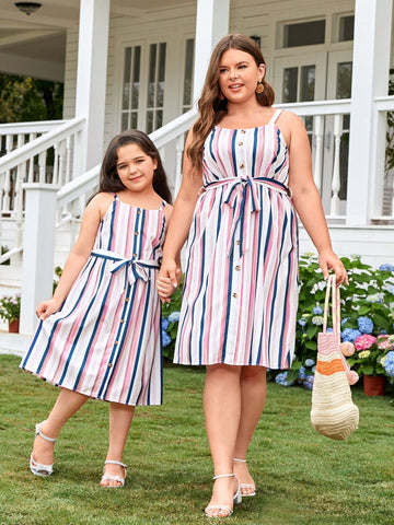 Tween Girl Extended Size Loose Fit Casual Striped Spaghetti Strap Midi Dress