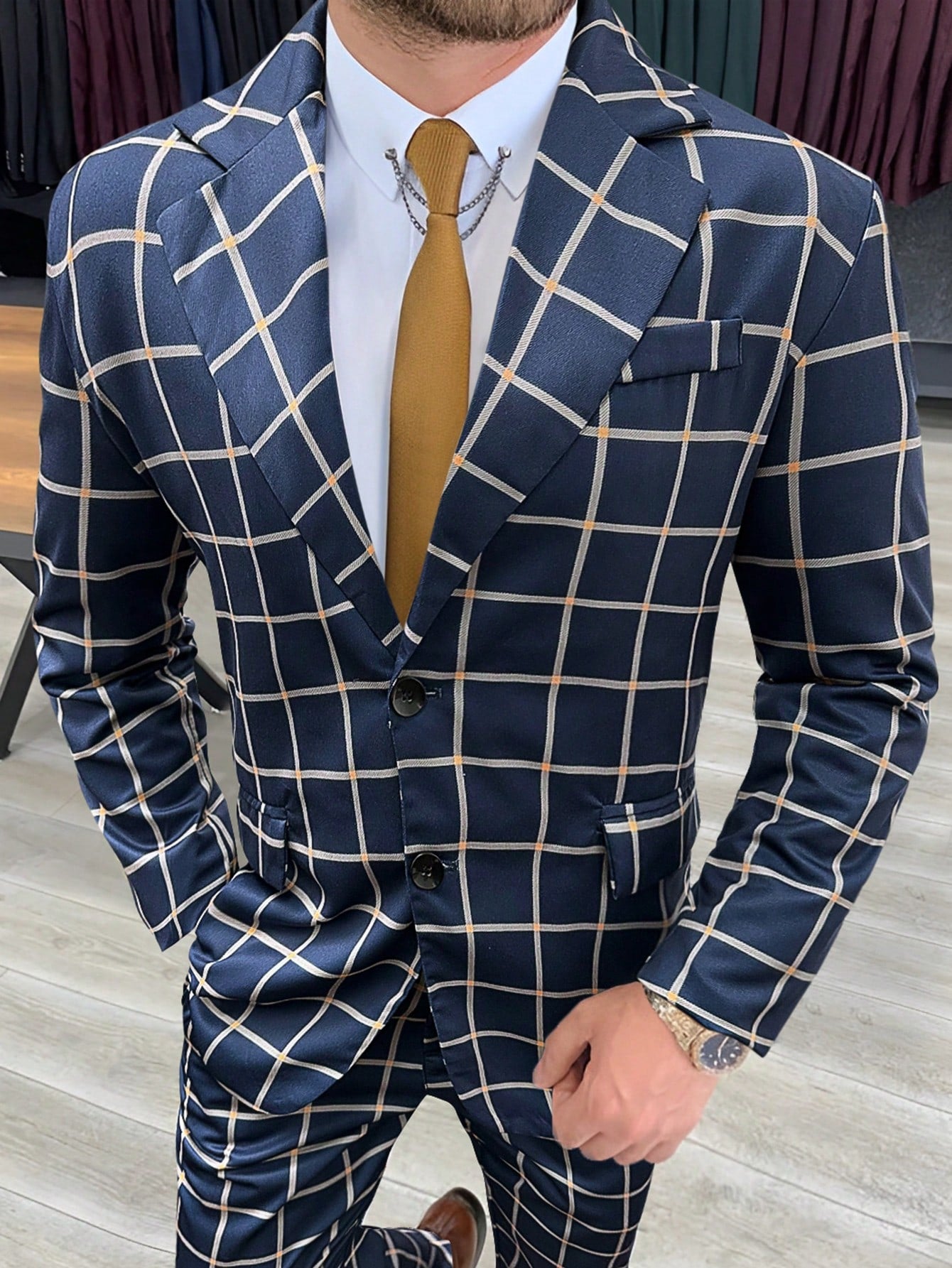 Men Grid Notched Lapel Single Breasted Long Sleeve Suit Jacket And Suit Trousers, Suitable For Daily Business And Traveling