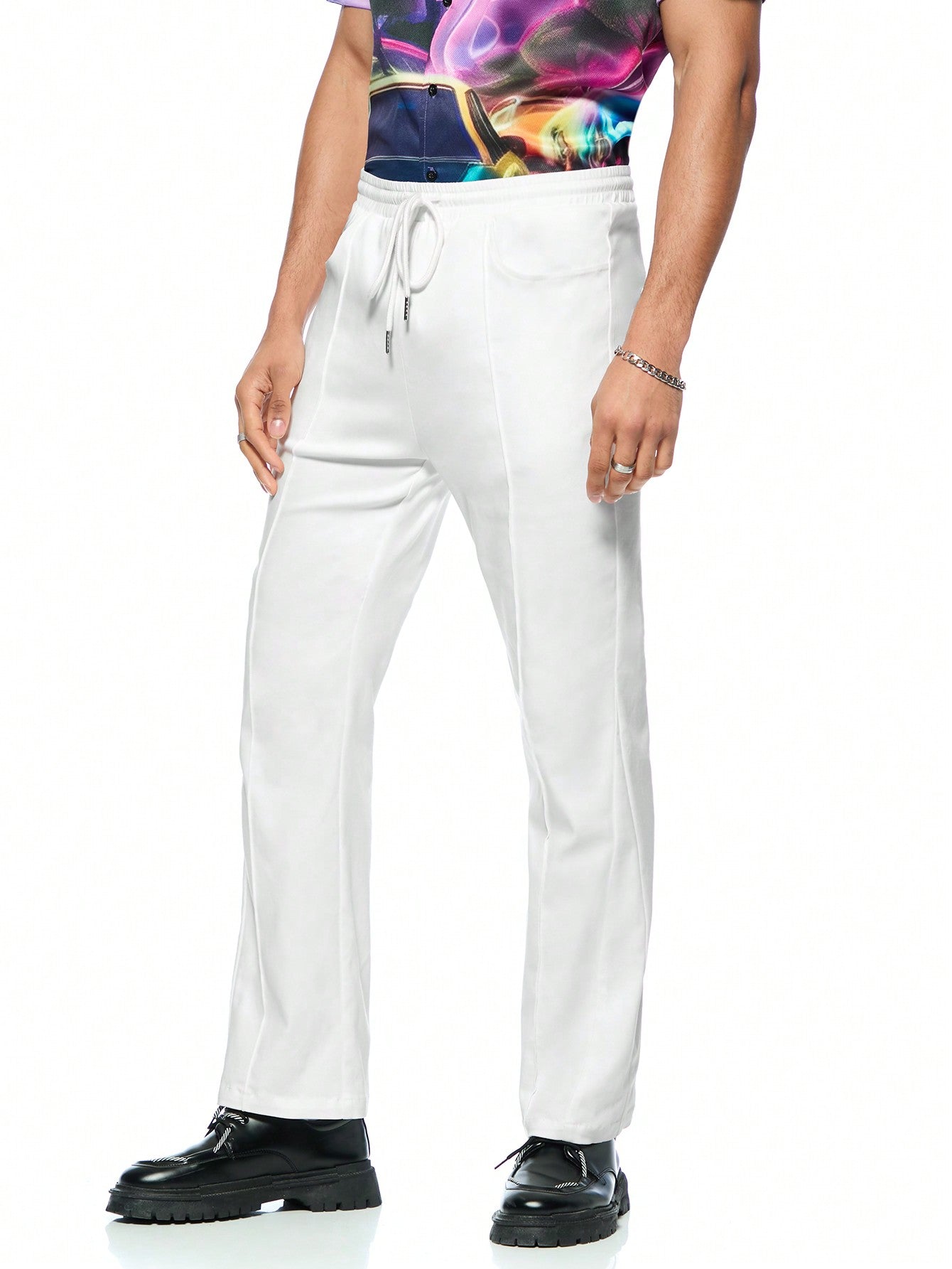 Men Elastic Slim Fit Flare Pants In White