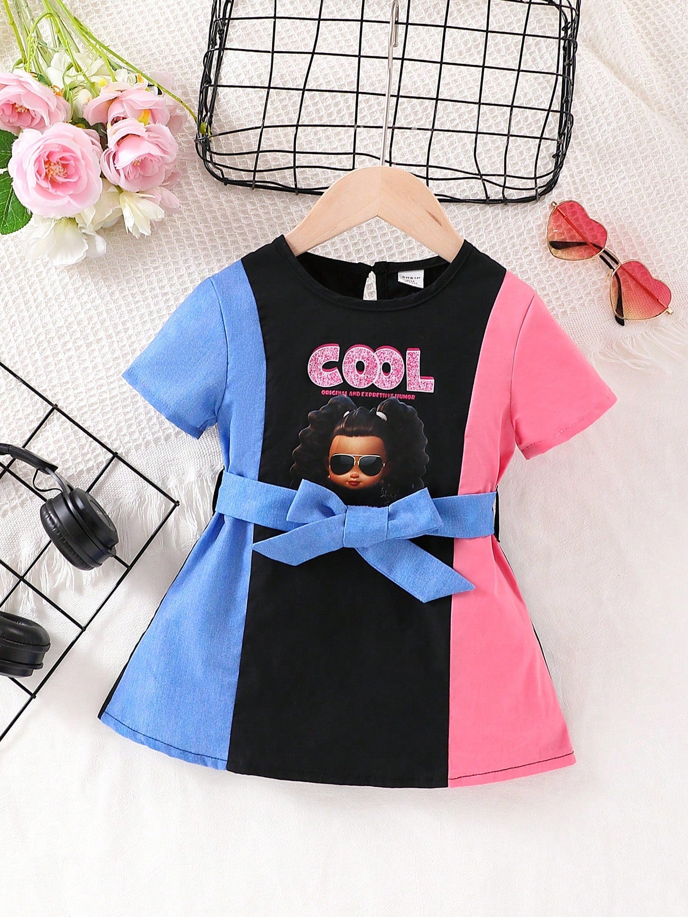 Baby Girl Summer Casual Patchwork Dress With Portrait Print And Color Block Design In Multiple Materials