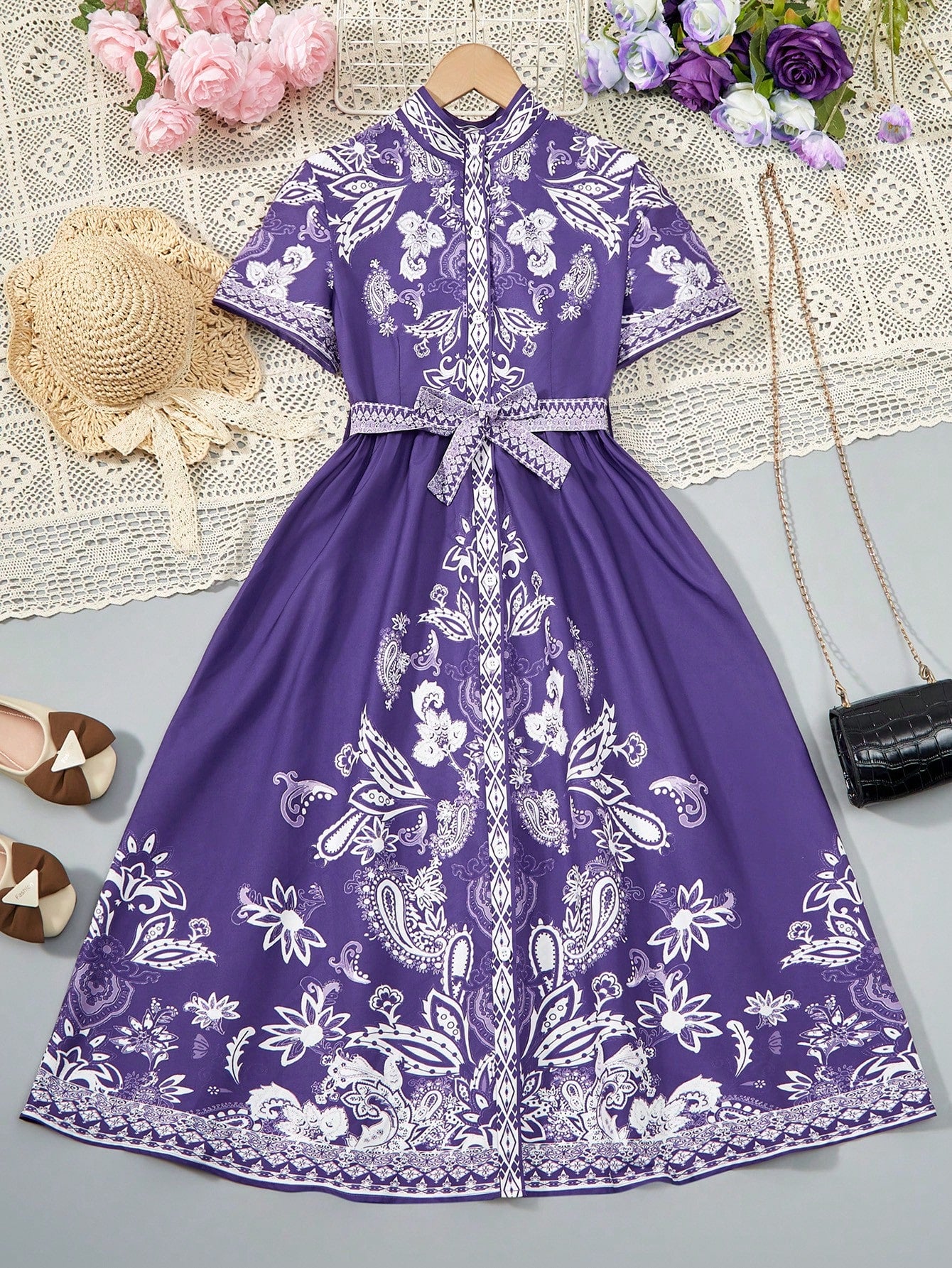 Tween Girls Elegant & Gorgeous Flower Print Swing Shirt Dress