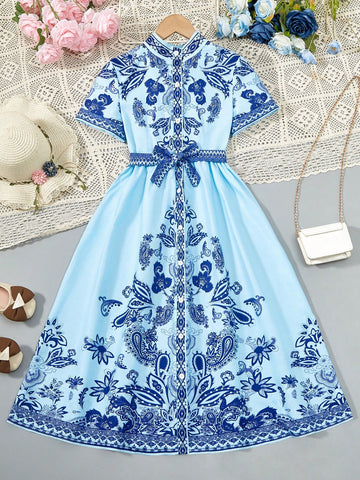 Tween Girls Elegant And Gorgeous Flower Print Swing Shirt Dress