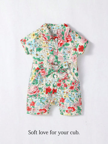 Holiday Style Baby Girls Flower Print Romper With Lapel Collar, Open Front & Bowknot Tie, Cute, Fashionable And Elegant For Summer