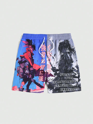 Men Anime Print Casual Shorts Suitable For Spring And Summer