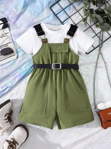 Baby Girl Summer Solid Color Round Neck Short Sleeve T-Shirt And Casual Dungaree Shorts With Pockets Outfit Set