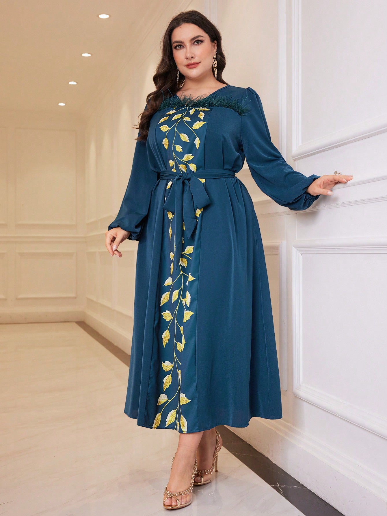 Plus Leaf Print Lantern Sleeve Feather Trim Belted Dress