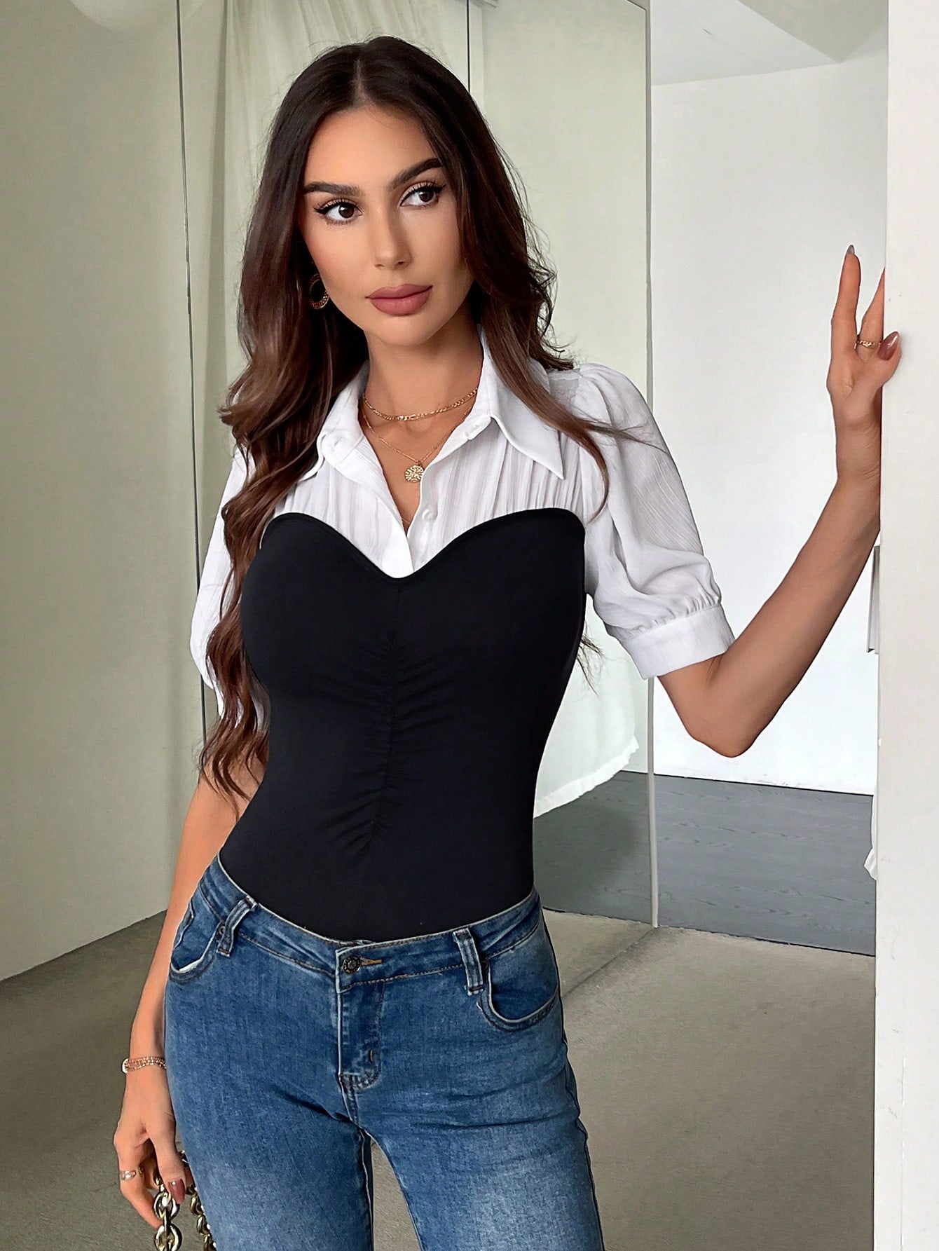 Women Summer Slim-Fit Short-Sleeve Chiffon Shirt With Unique Fabric Sp2 In 1 Design