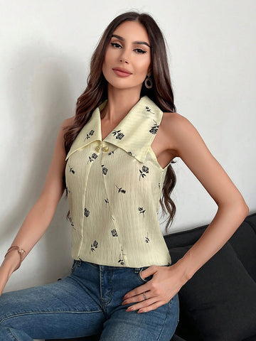 Women Vintage Elegant Bishop Sleeve Printed Sleeveless Cold-Shoulder Shirt With Large Lapel