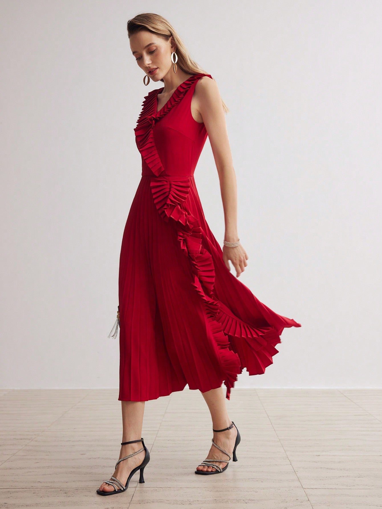 WOVEN SURPLICE NECK RUFFLE TRIM PLEATED DRESS