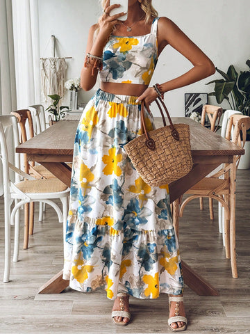Women Floral Print Square Neck Crop Top And Ruffle Hem Skirt Set For Summer Casual & Vacation
