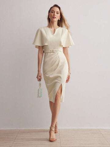 SOLID NOTCH NECK FLUTTER SLEEVE RUCHED SPLIT HEM BUCKLE BELTED DRESS