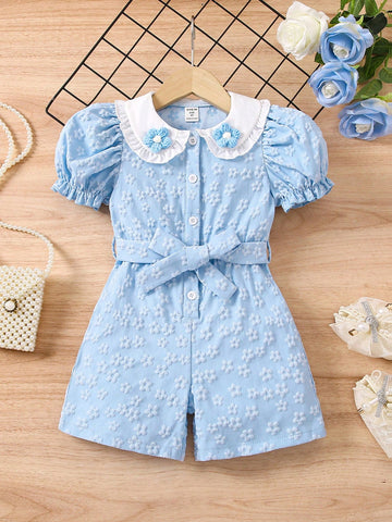 Young Girl Sweet 3D Small Flower Doll Collar Bubble Sleeve One-Piece Bodycon Dress