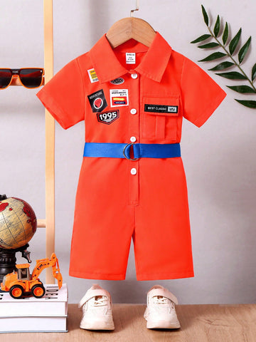 Baby Boys' Blue Short Sleeve Romper With Tool Belt Print And Small Embroidery Badge