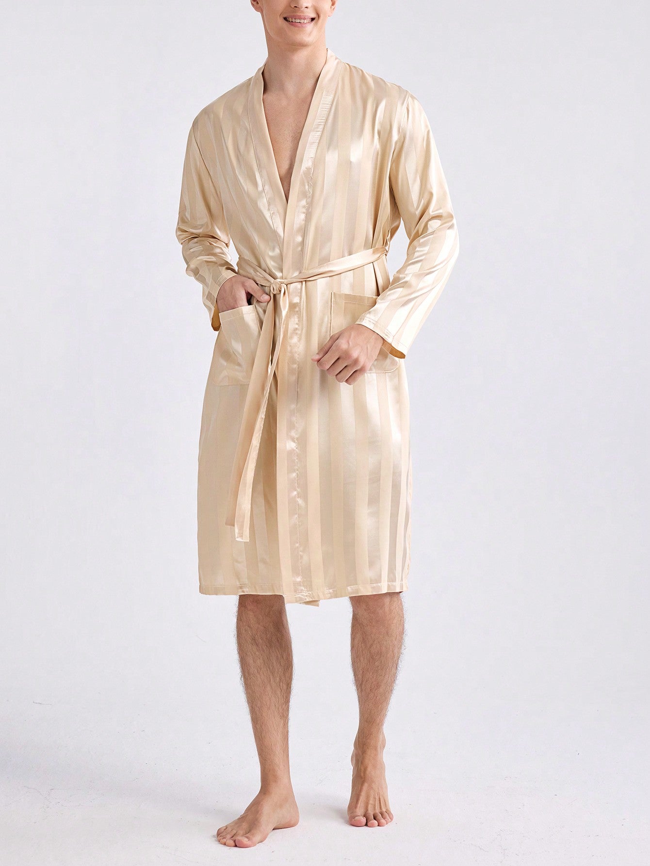 Men Striped Long-Sleeved Homewear Robe For Spring And Summer