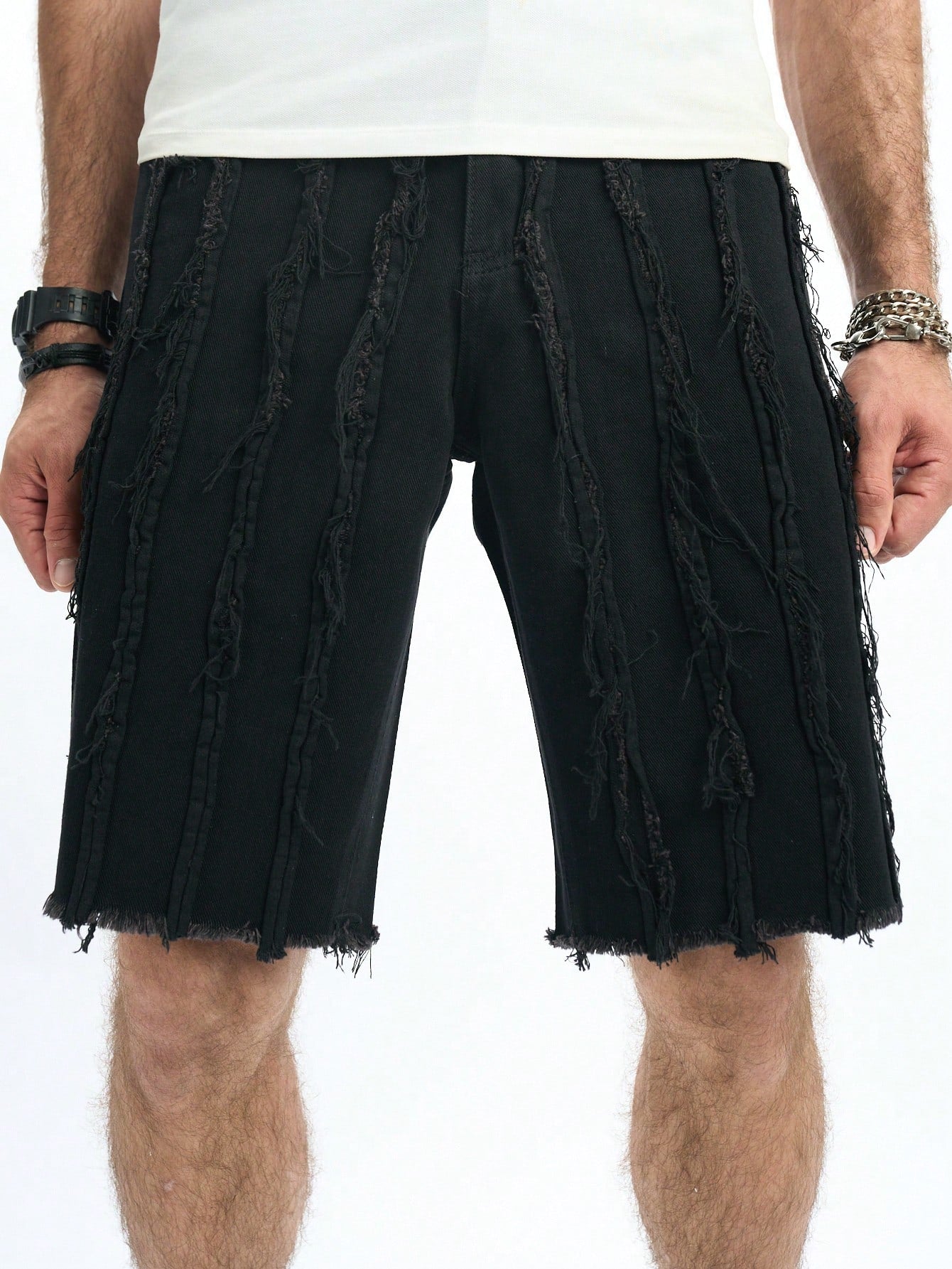 Men Spring Summer Casual Straight-Leg Denim Shorts With Frayed Hem