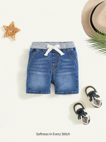 Baby Boy's Spring Summer Trendy Casual Stonewashed Faded Elastic Waist Knot Soft Denim Jeans Short, Baby Boy Summer Clothes Causal Streetwear Outfits