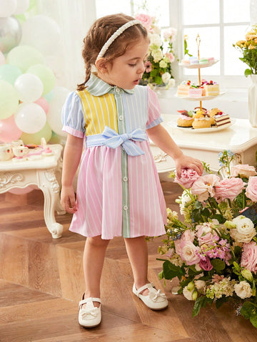 Baby Girl Spring/Summer Colorful Sweetheart Collar Patchwork Dress, Suitable For Outdoor Activities