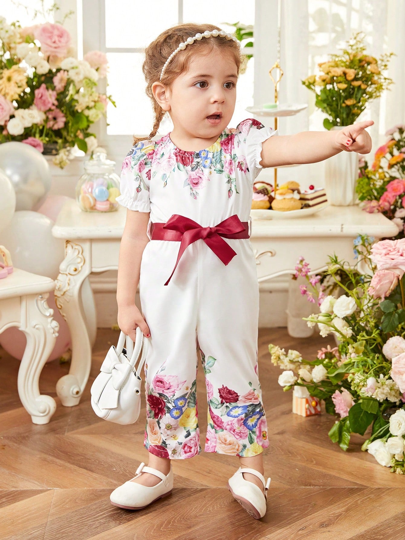 Baby Girl Elegant Rose Patterned Bubble Sleeve And Flared Pants Jumpsuit For Spring/Summer