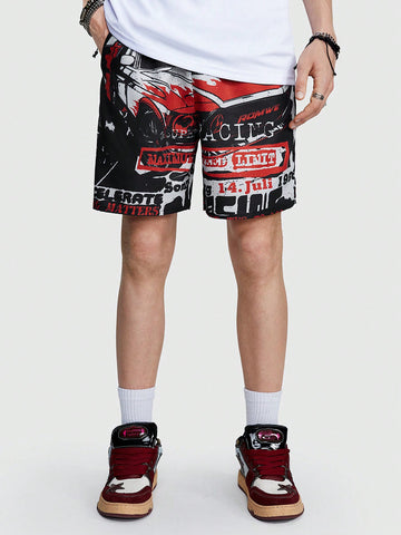 Men's Racing Letter Printed Shorts, Suitable For Summer