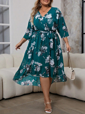 Plus Size Women Fashion Flower Print Summer Dress