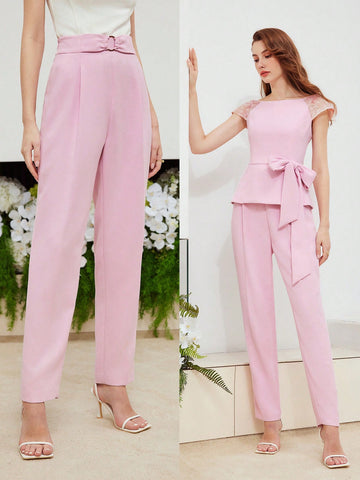 SOLID O-RING RUCHED WAIST FOLD PLEATED SUIT PANTS