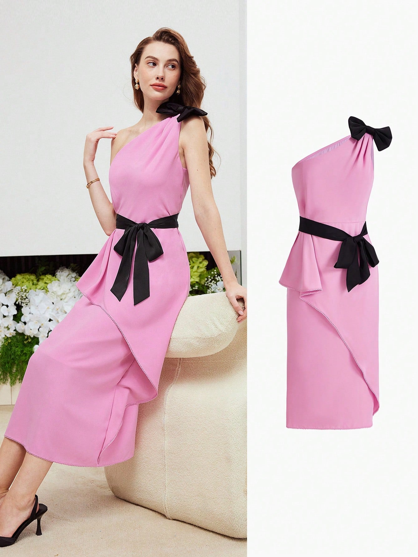 BOW ONE SHOULDER RUFFLE WRAP HEM BELTED DRESS