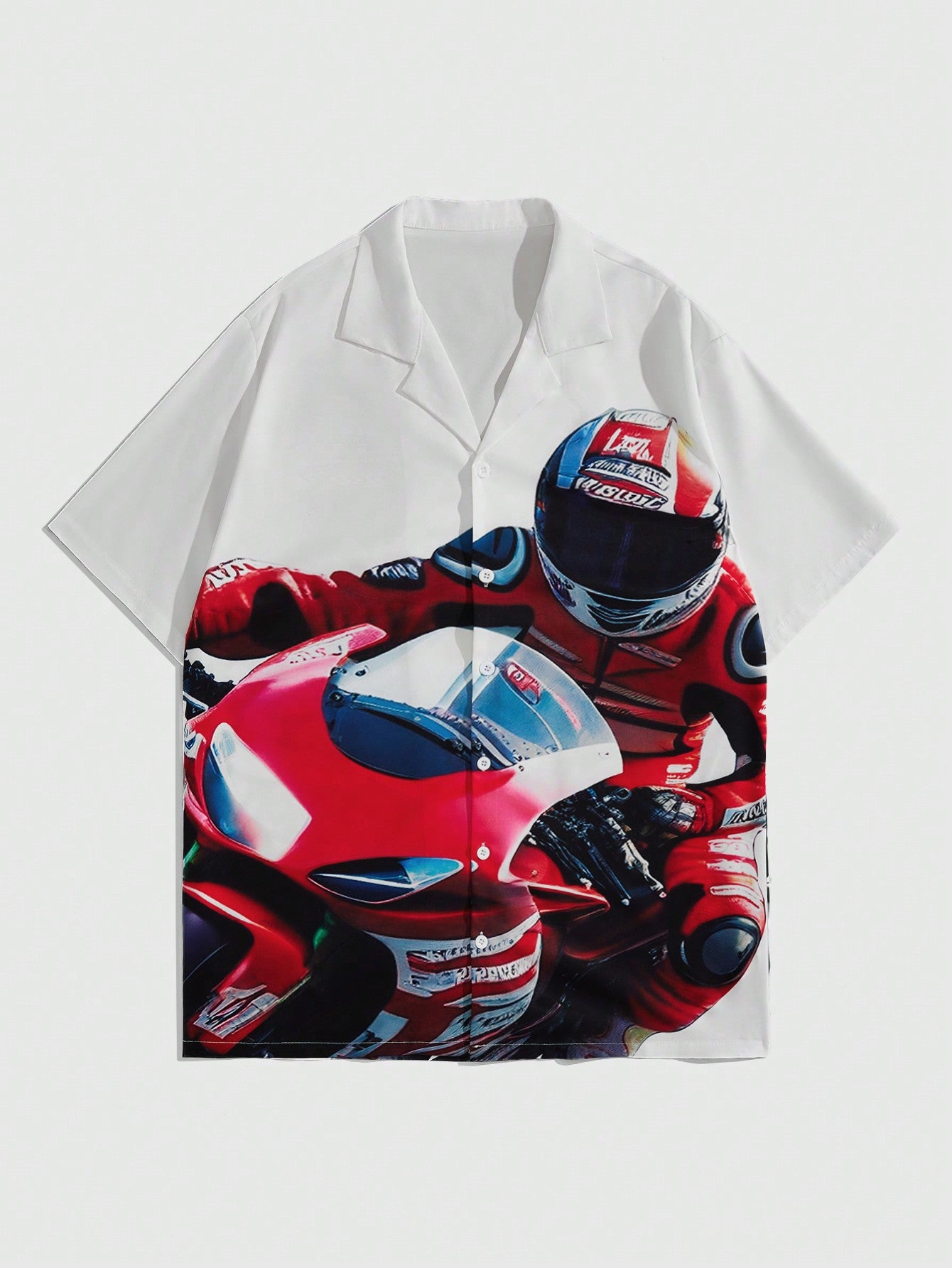 Men Motorcycle & Portrait Print Button Down Short Sleeve Casual Shirt For Summer