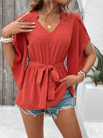 Solid Color Notched Neck Leisure Style Summer T-Shirt