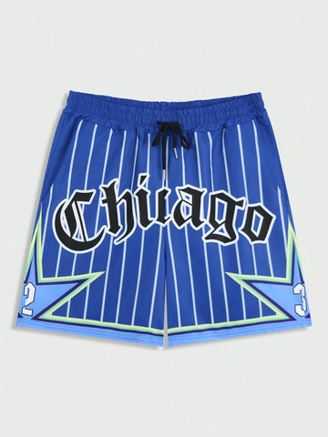 Men Printed Shorts With Slogan And Five-Pointed Stars, Suitable For Everyday Wear In Spring And Summer