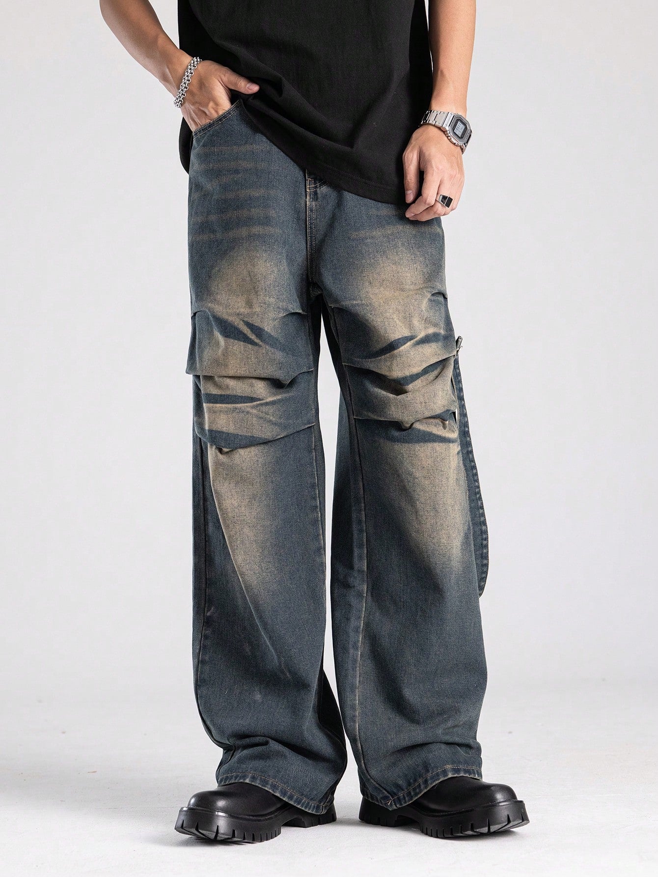 Men Vintage Washed Denim Jeans, Suitable For Daily Wear In Spring And Summer