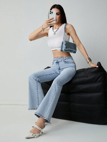Women Asymmetric Waist Flared Jeans With Pockets