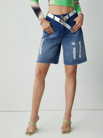 Women Solid Color Distressed Denim Shorts With Pockets And Buttons