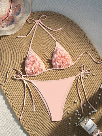 Women Solid Color Bikini Set For Holidays, With 3D Flower Decoration, Halter Neck Tie, Simple And Fashionable Two-Piece Swimsuit