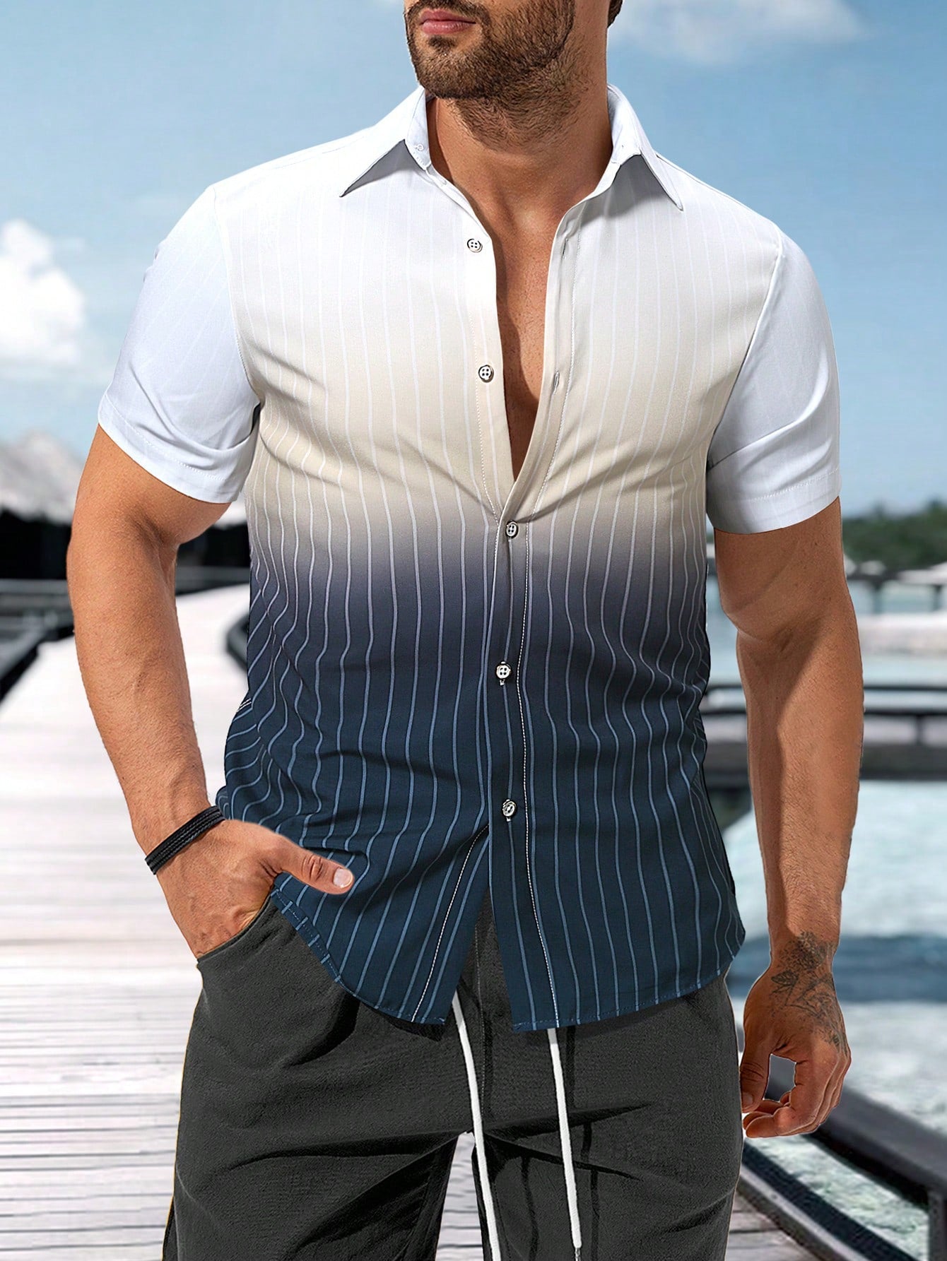 Men Stripe And Print Casual Short-Sleeved Shirt For Summer