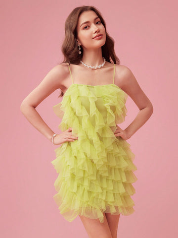 Women Summer Romantic Fashionable, Elegant And Playful Spliced Mesh Dress With Ruffled Straps And Hemline Embellishment,For Graduation Party