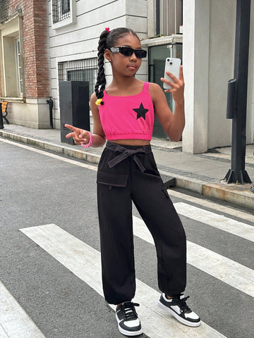 Tween Girl Casual Knit Five-Star Printed Camisole Top & Woven Solid Color Cargo Pants Set For Spring/Summer