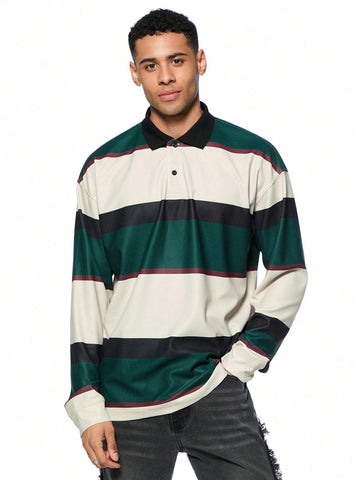 Men Vintage Colorblock Striped Loose Long Sleeve Polo Shirt